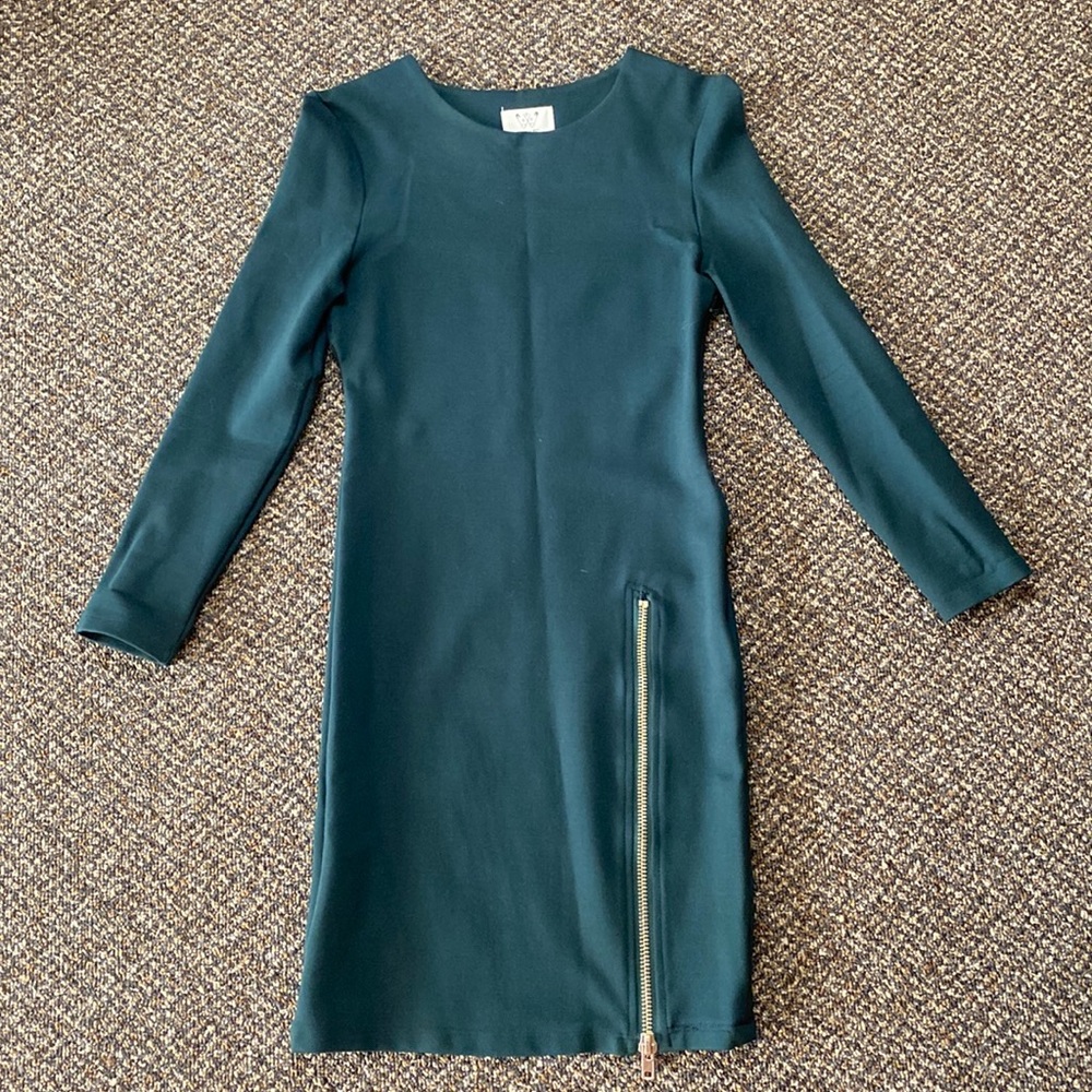 Six Crisp Days Dark Green Mini Dress with Gold Zipper Detail